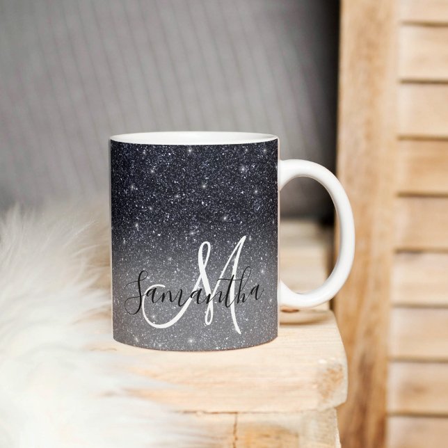 Moderner Schwarzer Glitzer Glitzern Personalisiert Tasse (Von Creator hochgeladen)