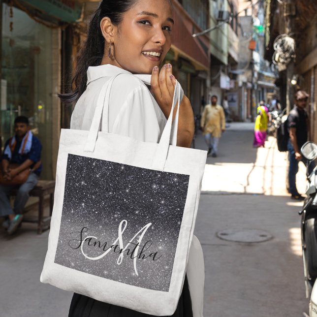 Moderner Schwarzer Glitzer Glitzern Personalisiert Tragetasche (Von Creator hochgeladen)