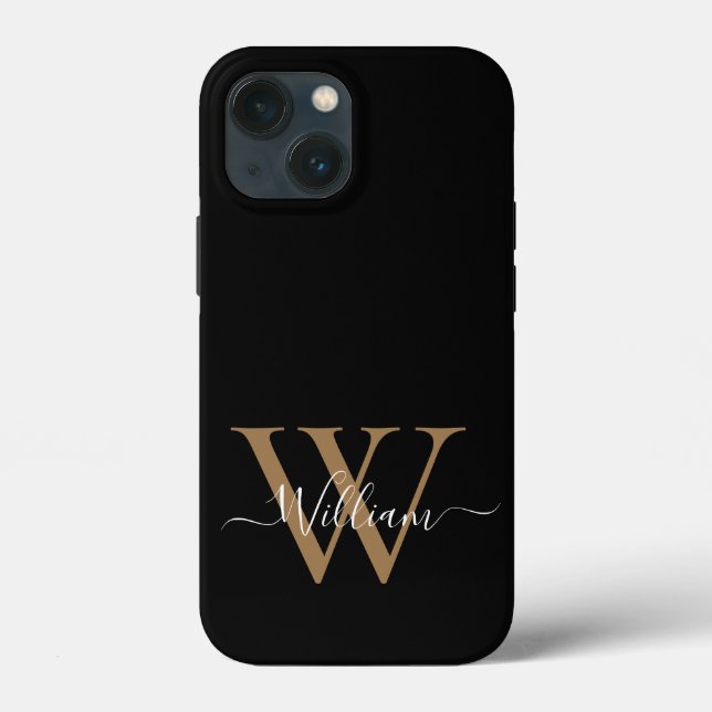 Moderner schwarzer Gold-Monogramm-Schriftname Case-Mate iPhone Hülle (Rückseite)