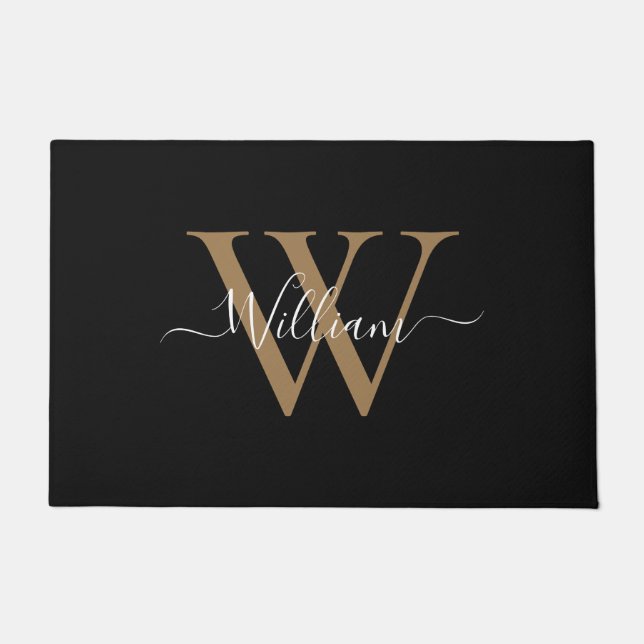 Moderner schwarzer Gold-Monogramm-Schriftname Fußmatte (Vorderseite)