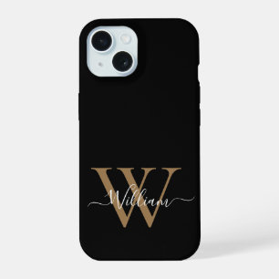 Moderner schwarzer Gold-Monogramm-Schriftname iPhone 15 Hülle