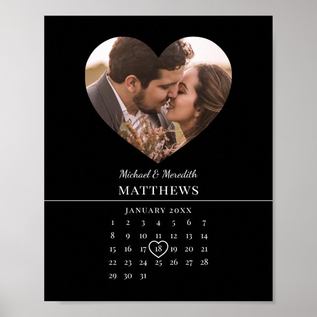 Moderner Schwarzer Hochzeitstag-Kalender Poster (Vorne)