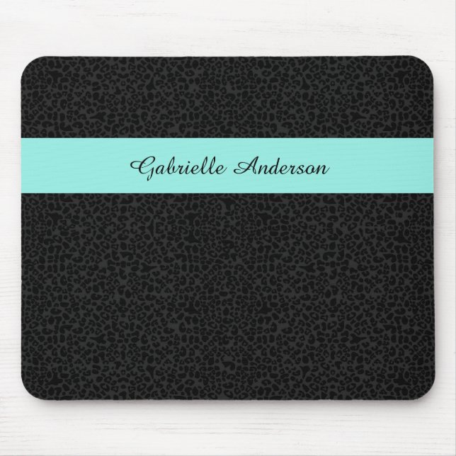 Moderner schwarzer Leopard Print Aqua Strip mit Na Mousepad (Vorne)