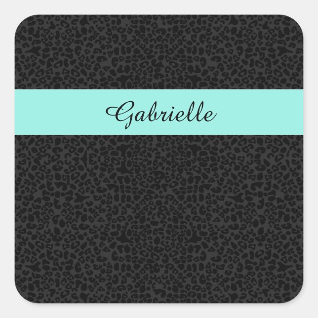 Moderner schwarzer Leopard Print Aqua Strip mit Na Quadratischer Aufkleber (Vorderseite)