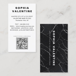 Moderner schwarzer Marmor-QR-Code-Friseur Visitenkarte