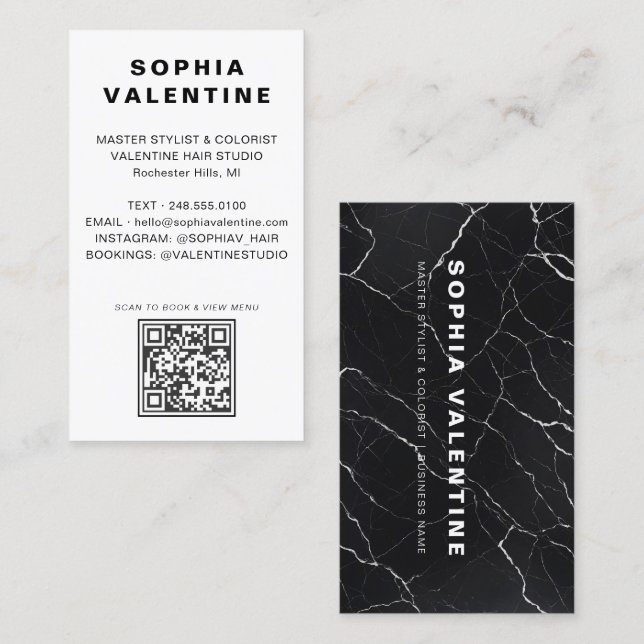 Moderner schwarzer Marmor-QR-Code-Friseur Visitenkarte (Vorne/Hinten)