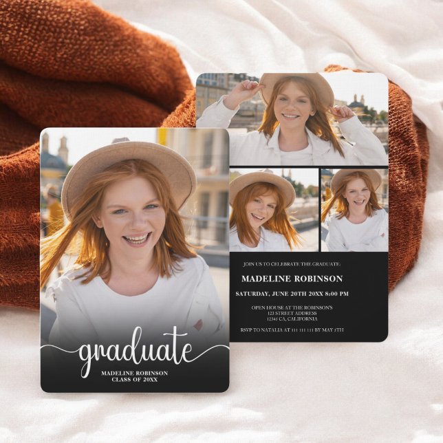 Moderner Schwarzer Minimaler 4-Foto-Script-Abschlu Einladung (Modern Black minimal 4 Photo script Graduation Invitation)
