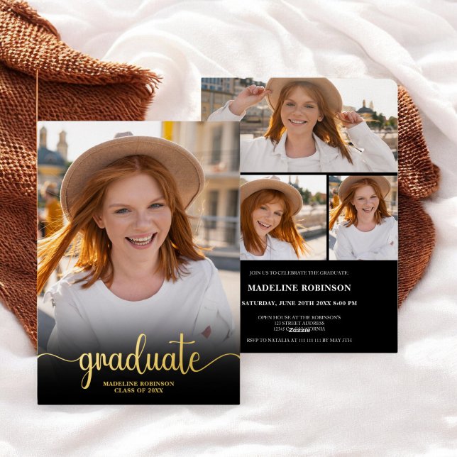 Moderner Schwarzer Minimaler 4-Foto-Script-Abschlu Folieneinladung (Modern Black minimal 4 Photo script Graduation Foil Invitation)