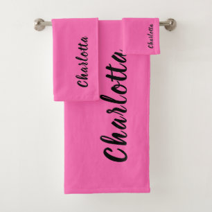 Moderner schwarzer Name   Neon Hot Pink Color Badhandtuch Set