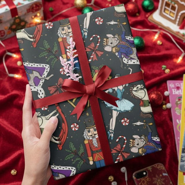 Moderner schwarzer Nussknacker-Mäusekönig-Ballerin Geschenkpapier (Elegant & Modern Black Nutcracker Ballet Wrapping Paper. Nutcracker, Ballerina, Mouse King Pattern)