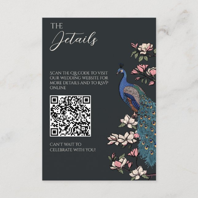 Moderner schwarzer Pfau Hochzeitsdetails QR-Code Begleitkarte (Vorderseite)