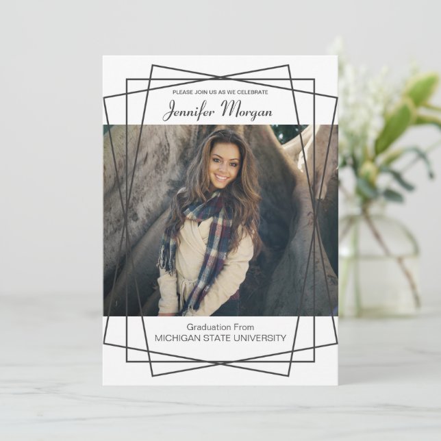Moderner Schwarzer Rahmen Foto Abschluss Einladung (Stehend Vorderseite)