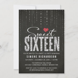 Moderner Schwarzer Rot & Silberner Glitzer Sweet 1 Einladung