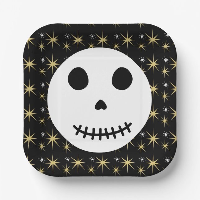 Moderner Schwarzer Spooky Halloween Skull Pappteller (Vorderseite)