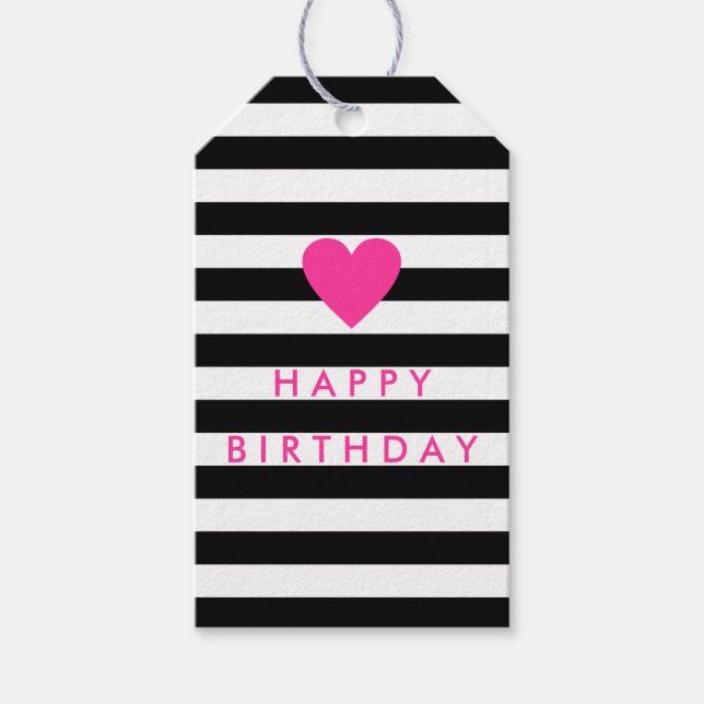 Moderner Schwarzer Streifen mit rosa Herz Geburtst Geschenkanhänger (Vorderseite)