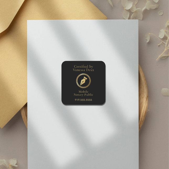 Moderner schwarzer und goldener Notarpfen, zertifi Quadratischer Aufkleber (Von Creator hochgeladen)
