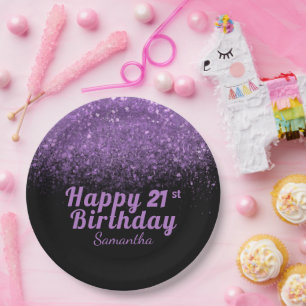 Moderner Schwarzer und Lila Glitzer Sparkle 21 Geb Pappteller