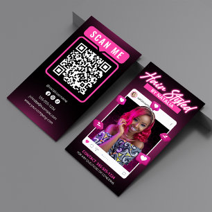 Moderner schwarzer und rosa Instagram-Friseur-QR-C Visitenkarte