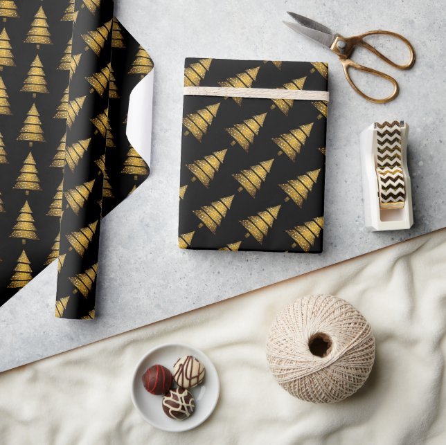 Moderner schwarzer Weihnachtsbaum mit goldenem Dek Geschenkpapier (Kunsthandwerk)