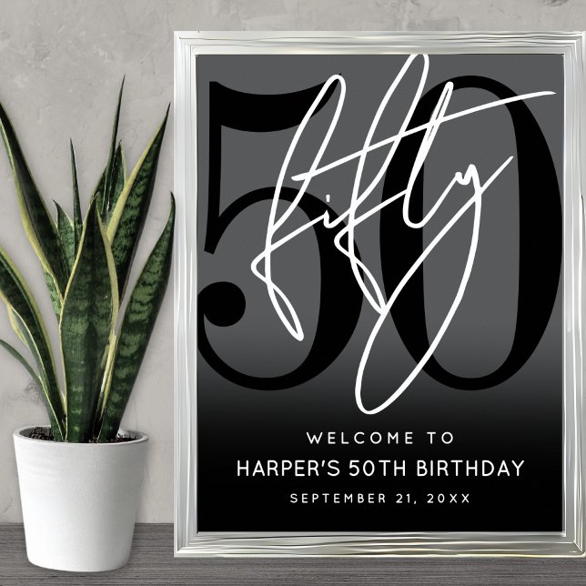 Moderner Schwarzer Willkommensschild zur 50. Gebur Poster (Modern Black 50th Birthday Party Welcome Sign)