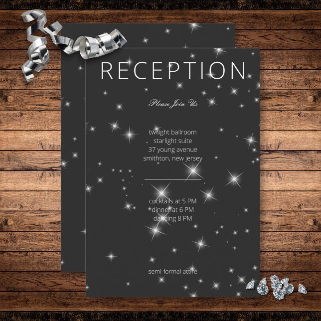 Moderner Schwarzer Winter-Sparkone-Empfang Begleitkarte (Modern Charcoal Black Winter Sparkle Wedding Reception Card)