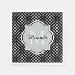 Moderner Schwarzweiss-Quatrefoil mit Monogramm Serviette