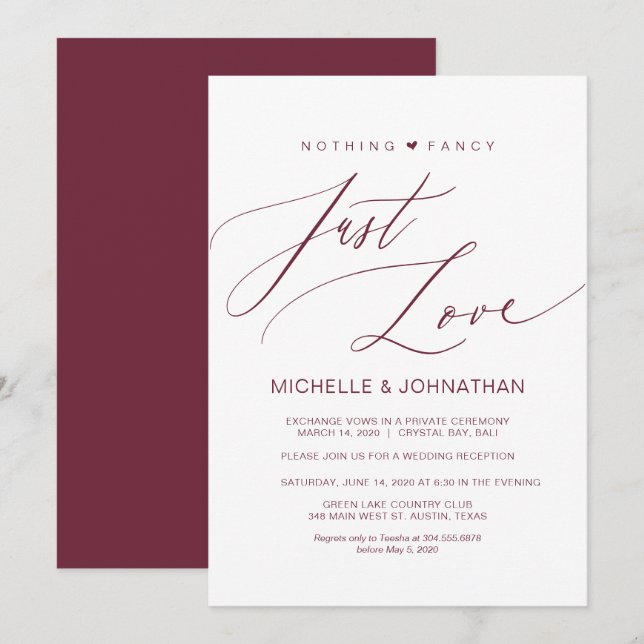 Moderner Script Burgundy Wedding Elopement Empfang Einladung (Vorne/Hinten)