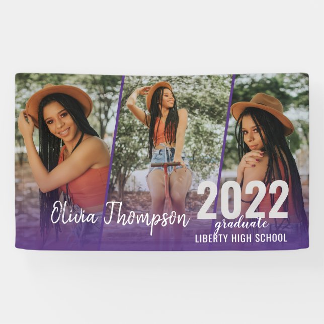 Moderner Script Foto Collage Lila Abschluss Banner (Horizontal)