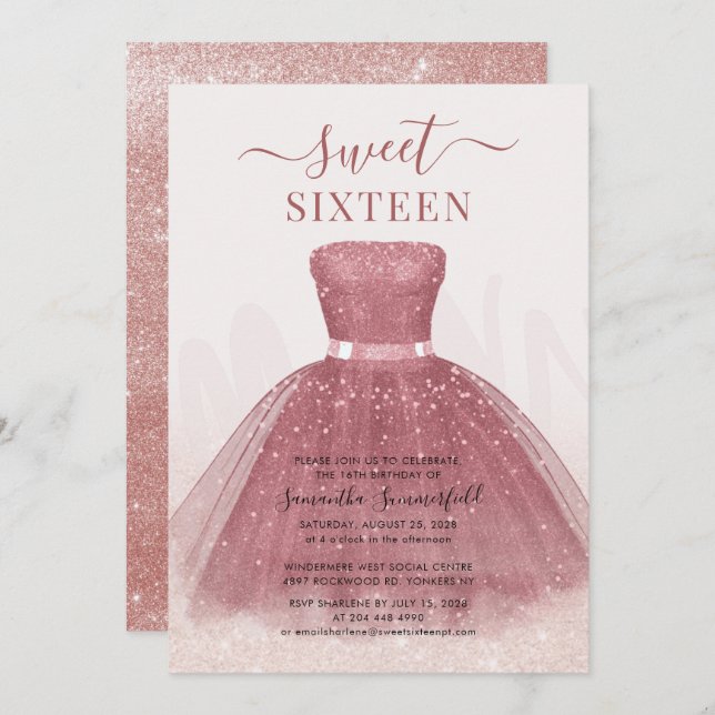 Moderner Script Glitzer Sweet 16 Rose Gold Einladung (Vorne/Hinten)