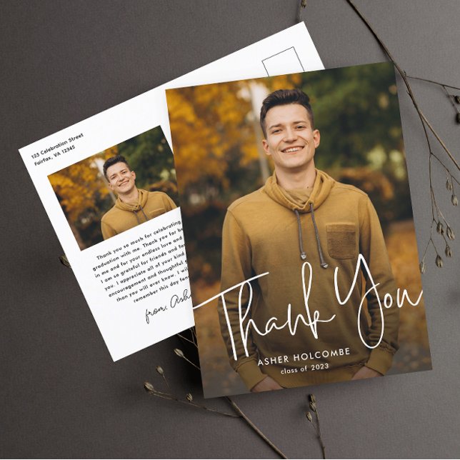 Moderner Script Graduate Foto Abschluss Vielen Dan Postkarte (Von Creator hochgeladen)