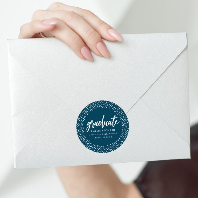 Moderner Script Navy Blue Abschluss Runder Aufkleber (Von Creator hochgeladen)