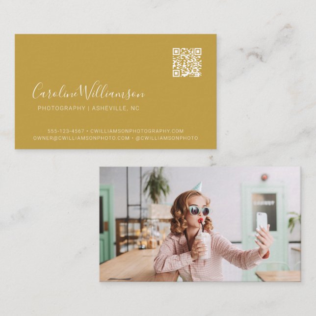 Moderner Senfgelb-Script-Foto-QR-Code-Trend Visitenkarte (Vorne/Hinten)