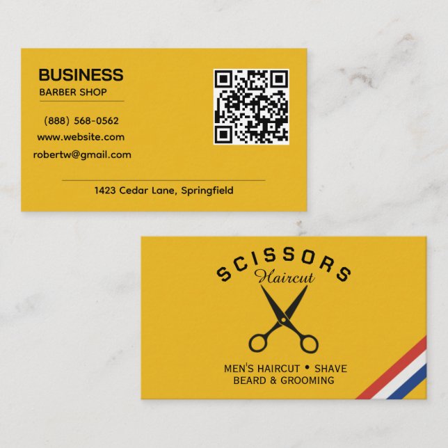 Moderner Senfgelber QR-Code-Friseursalon Visitenkarte (Vorne/Hinten)