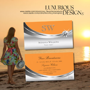 Moderner Silber Orange mit Monogram Sparkle Diamon Visitenkarte
