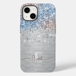 Moderner Silberbrushmetall Rose Gold Blue Glitzer Case-Mate iPhone 14 Hülle