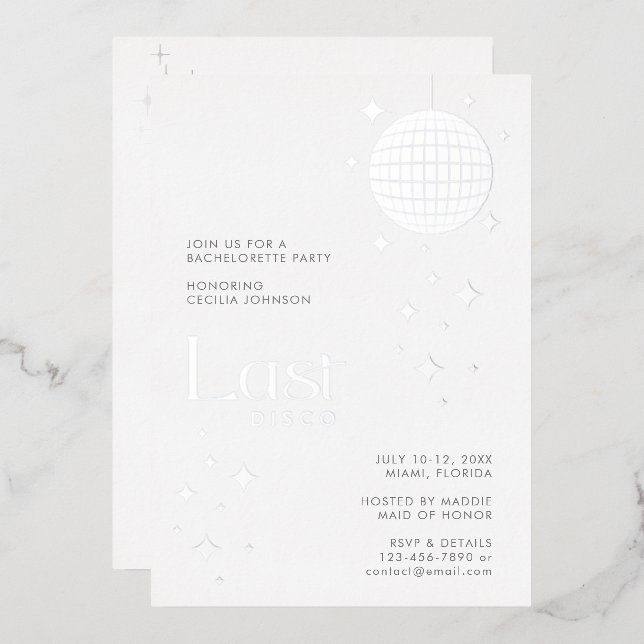 Moderner Silbergalerie "Last Disco" Bachelorette Folieneinladung (Vorderseite/Rückseite)