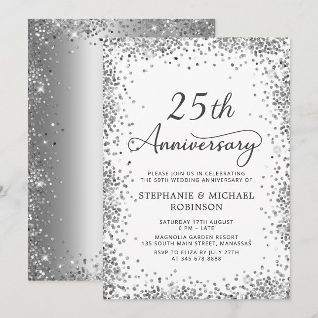 Moderner Silberner Glitzer 25. Hochzeitstag Einladung (Vorne/Hinten)