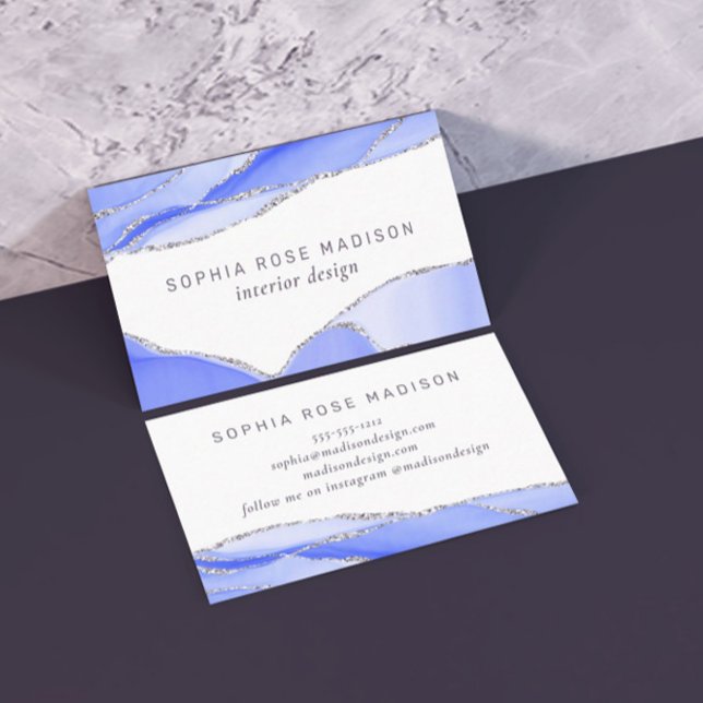 Moderner Silberner Glitzer Agate Blue Visitenkarte (Von Creator hochgeladen)