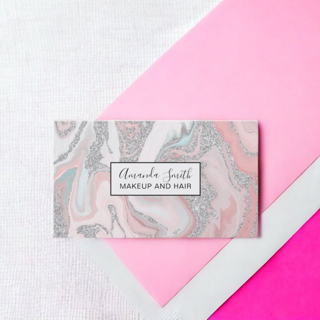 Moderner silberner Glitzer Korallengraue Pastellma Visitenkarte (Modern silver glitter coral gray pastel marble business card)