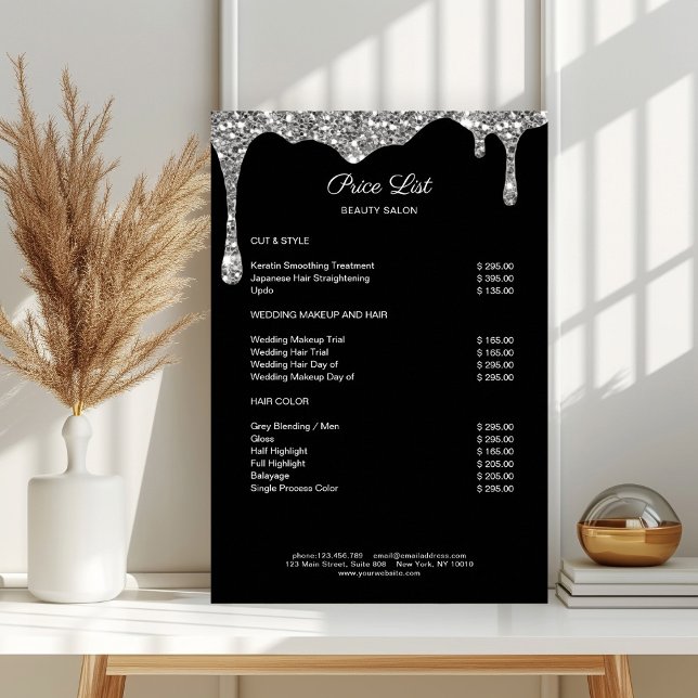 Moderner Silberner Glitzer Preislisten Poster (Modern Silver Black Glitter Pricelist Poster)