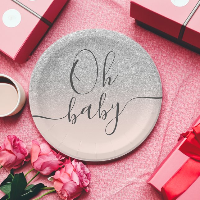 Moderner silberner Glitzer rot Rosa Oh Babydusche Pappteller (Modern silver glitter blush pink Oh Baby shower Paper Plates)