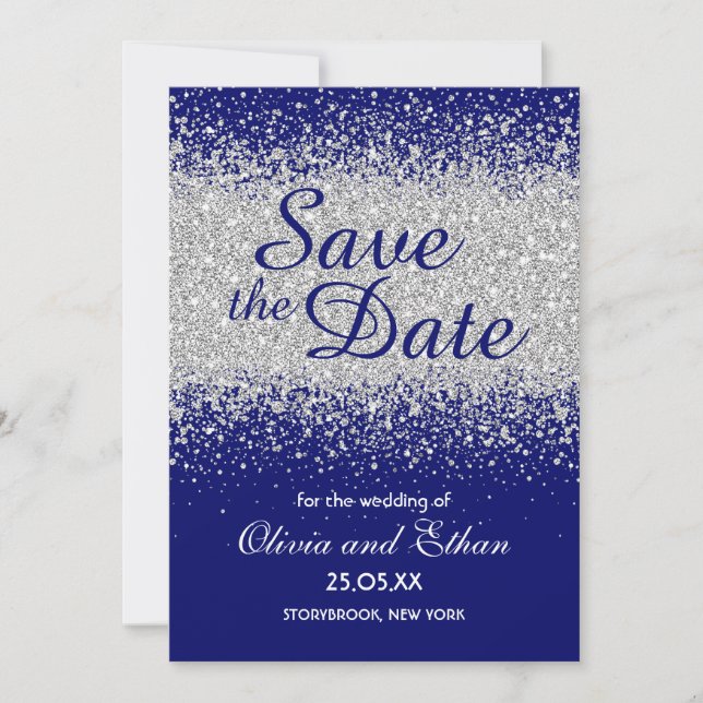 Moderner Silberner Glitzer und Royal Blue Save The Date (Vorderseite)