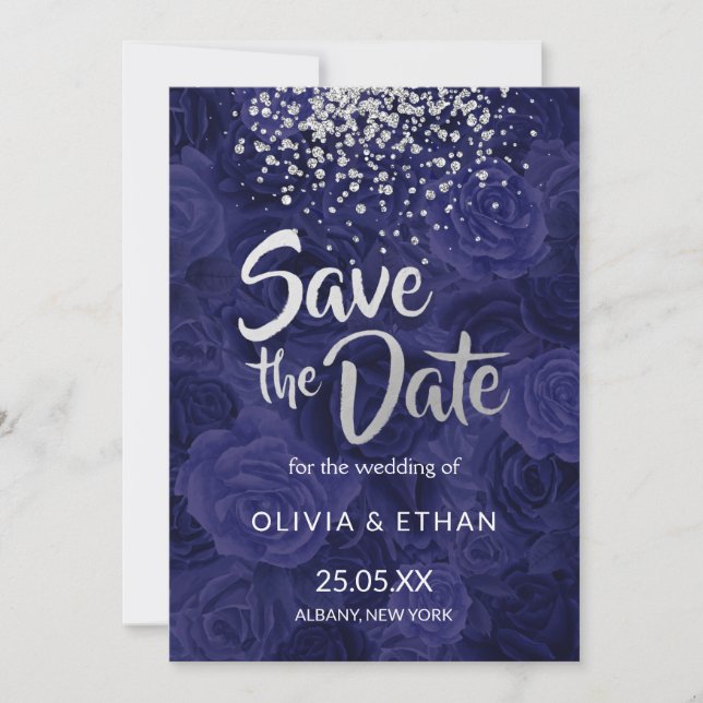 Moderner Silberner Glitzer zu Royal Blue Rose Save The Date (Vorderseite)