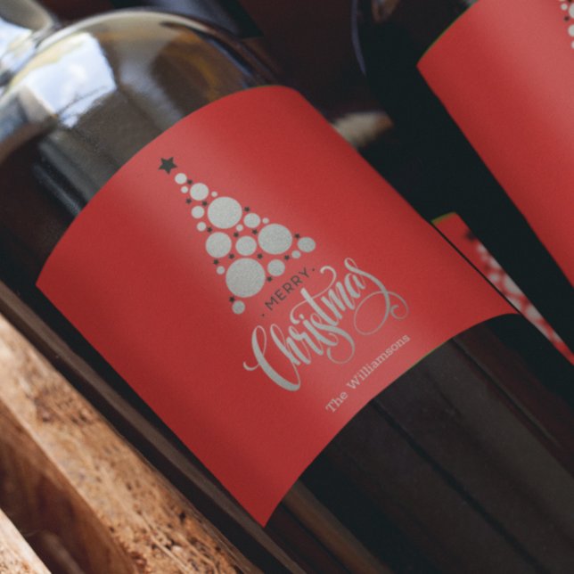 Moderner Silberweihnachtsbaum auf Rot Weinetikett (Von Creator hochgeladen)