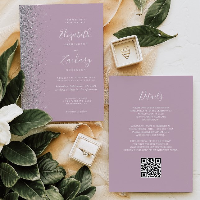 Moderner Silver Glitzer Dusty Lilac QR Code Weddin Einladung (Von Creator hochgeladen)