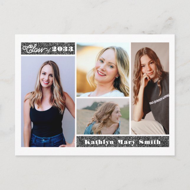 Moderner Silver Glitzer Script Chic Foto Abschluss Einladungspostkarte (Vorderseite)