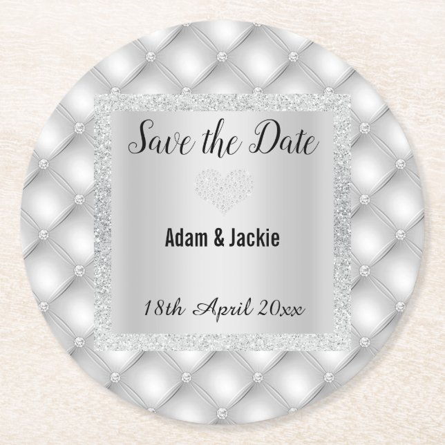 MODERNER SILVER GRAY DIAMOND-SAVE THE DATE UNTERSE RUNDER PAPPUNTERSETZER (Vorderseite)