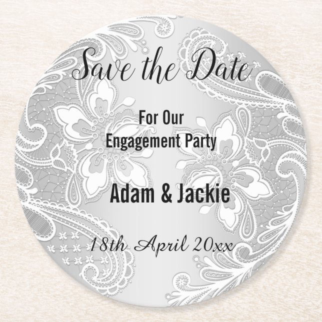MODERNER SILVER LACE SAVE THE DATE UNTERSETZER (Vorderseite)