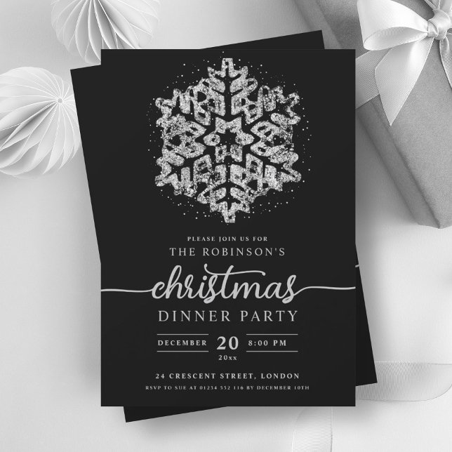 Moderner Silver Winter Snowflake Weihnachten Schwa Einladung (Modern Silver Winter Snowflake Christmas Black Invitation)