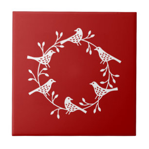 Moderner skandinavischer Vogel und Rosehip Wreath Fliese